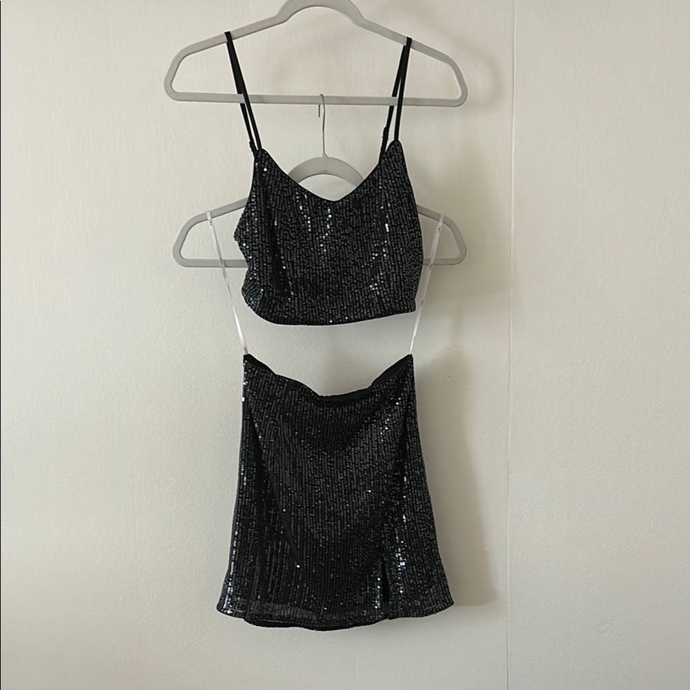 Black Sequin Crop Top and Skirt Set